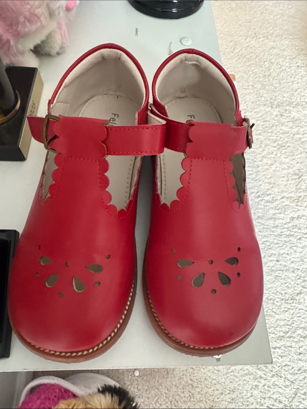 Red Girls' Mary Jane Dress Shoes with Scalloped T-Strap